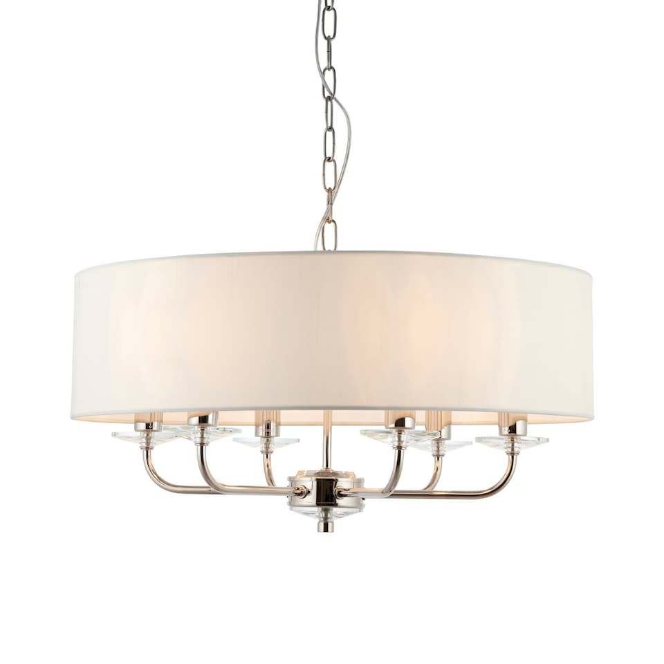 image 1 of Nixon 6 Light Multi Arm Ceiling Pendant Nickel Plate, White Silk Effect, E14