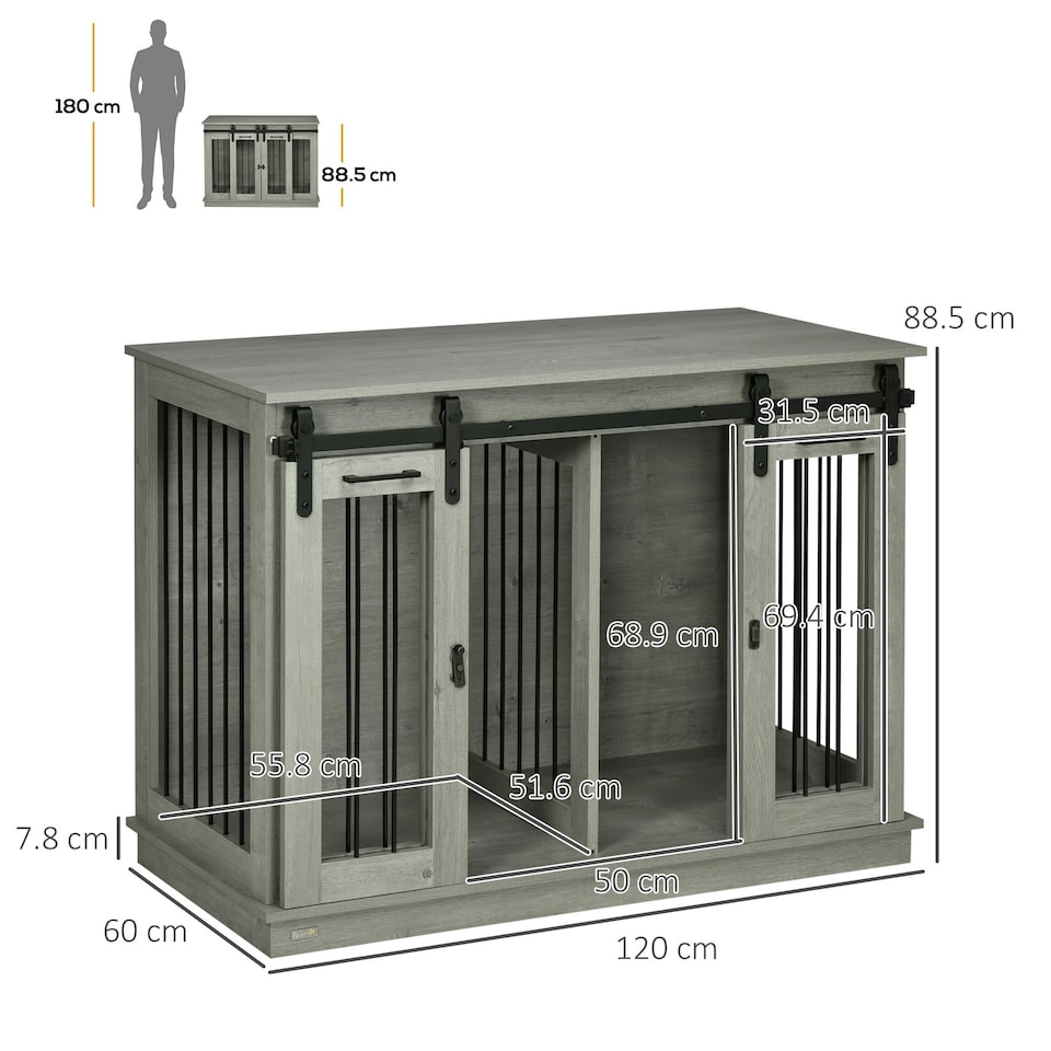 image 1 of PawHut Dog Crate Furniture for Large Dogs, Double Dog Cage for Small Dogs, Grey