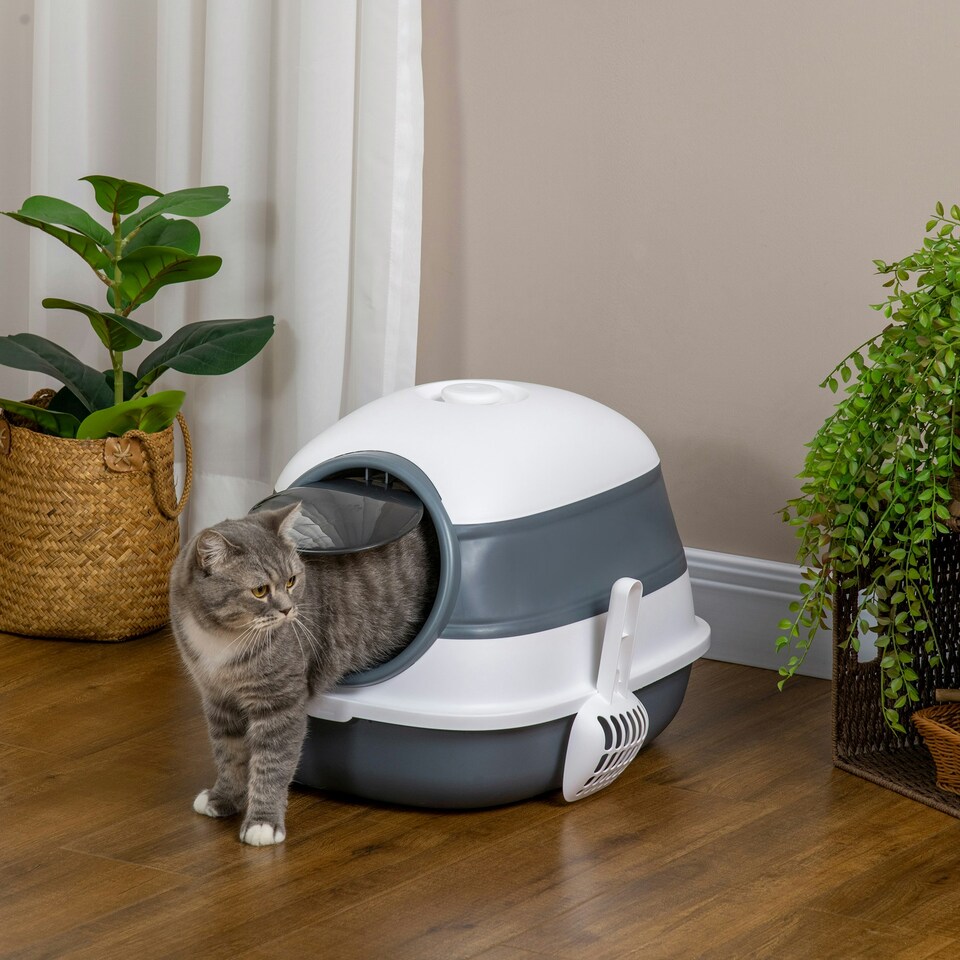 image 1 of PawHut Foldable Cat Litter Tray Hooded Cat Litter Box w/ High Side, White