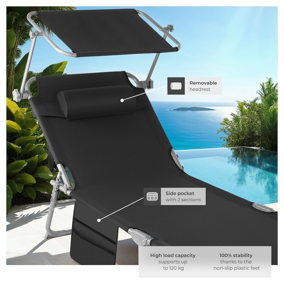 image 1 of Set of 2 Sun Loungers - foldable, adjustable sun canopy | Black | black | 1