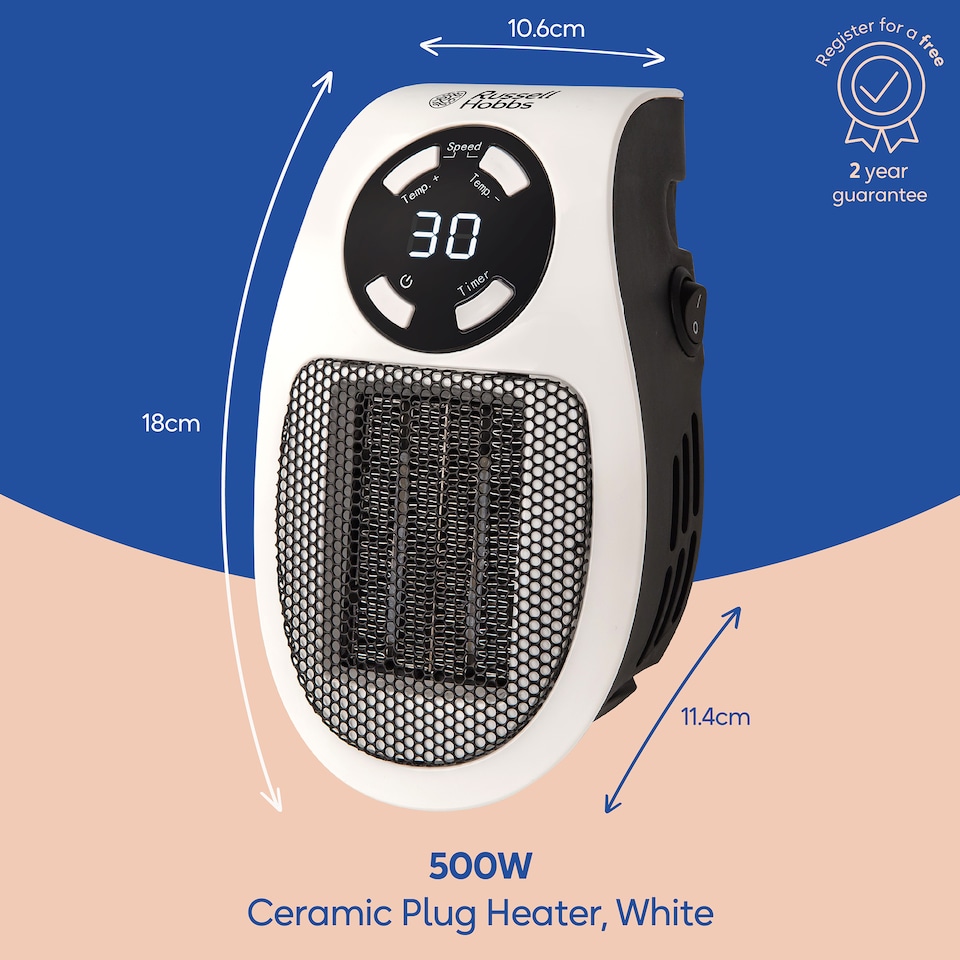 image 1 of Russell Hobbs Electric Ceramic Heater Plug In 500W White RHPH2001