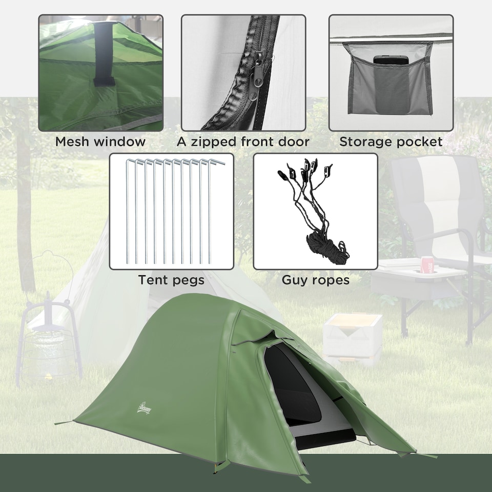 image 1 of Outsunny Double Layer Camping Tent for 1-2 Man, 2000mm Waterproof, Green