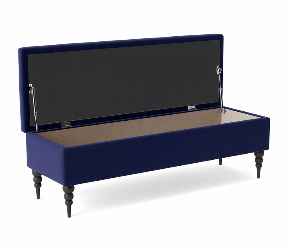 image 1 of 137cm Safar Ottoman bench with Storage and Turned Wooden Legs- Plush Velvet Shoes Bench - Sapphire Blue Chesterfield Storage Bench