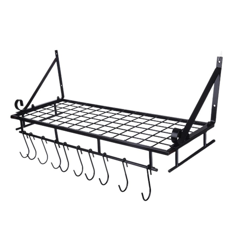 image 1 of Living and Home Kitchen Metal Shelves Pan & Pot Rack Storage Shelf with 10 Hooks Wall Mounted