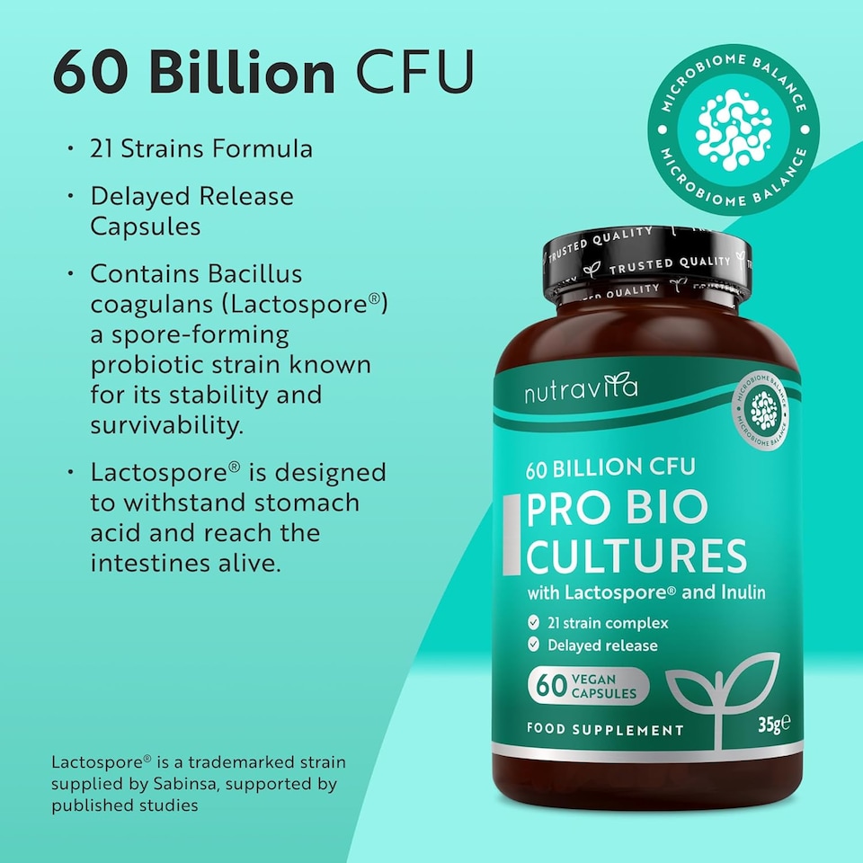 image 1 of Nutravita Probiotics 60 Billion CFU with Lactospore - 21 Strain Probiotics & Prebiotics - Lactobacillus Reuteri & Acidophilus - 60 Capsules