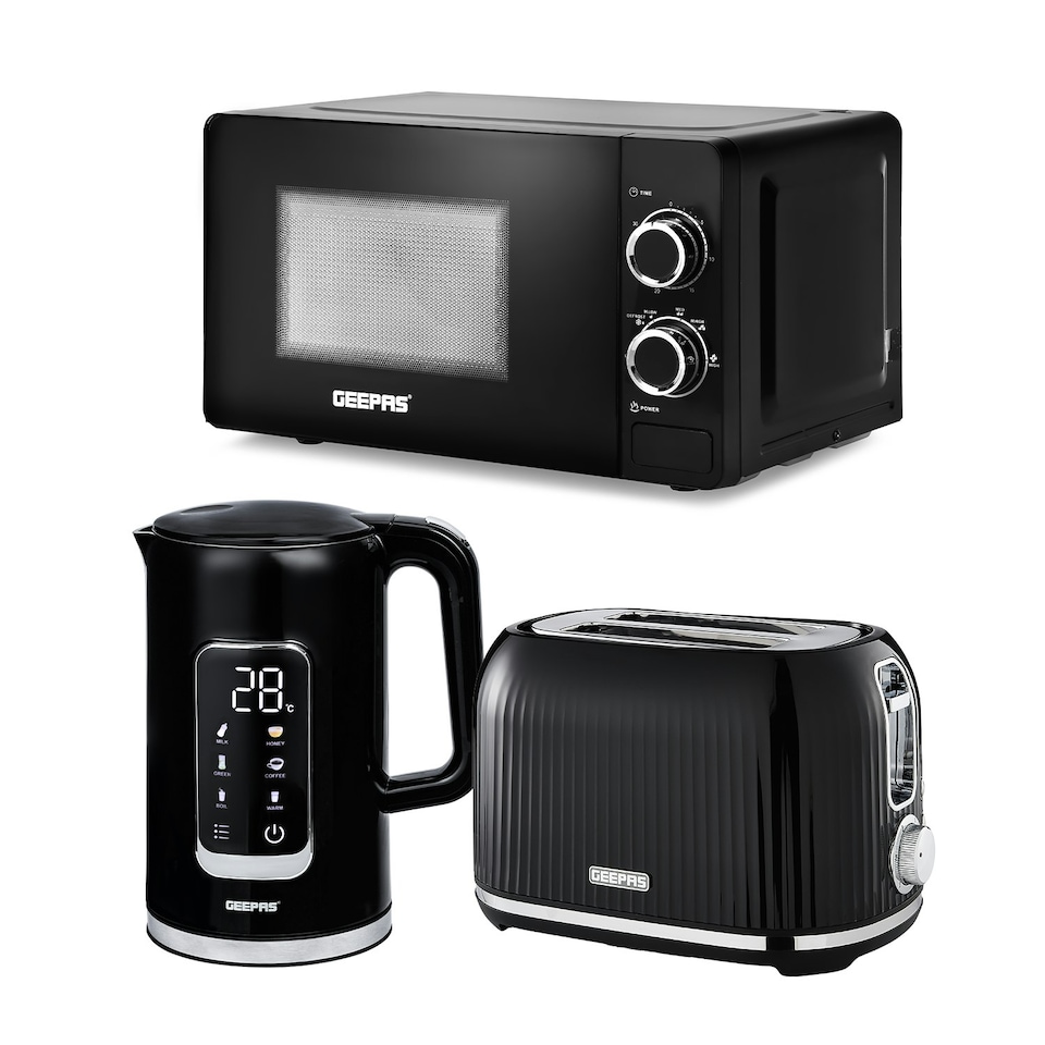 image 1 of GEEPAS 1.7L Digital Electric Kettle 2 Slice Bread Toaster & Microwave Kitchen Combo Set Black