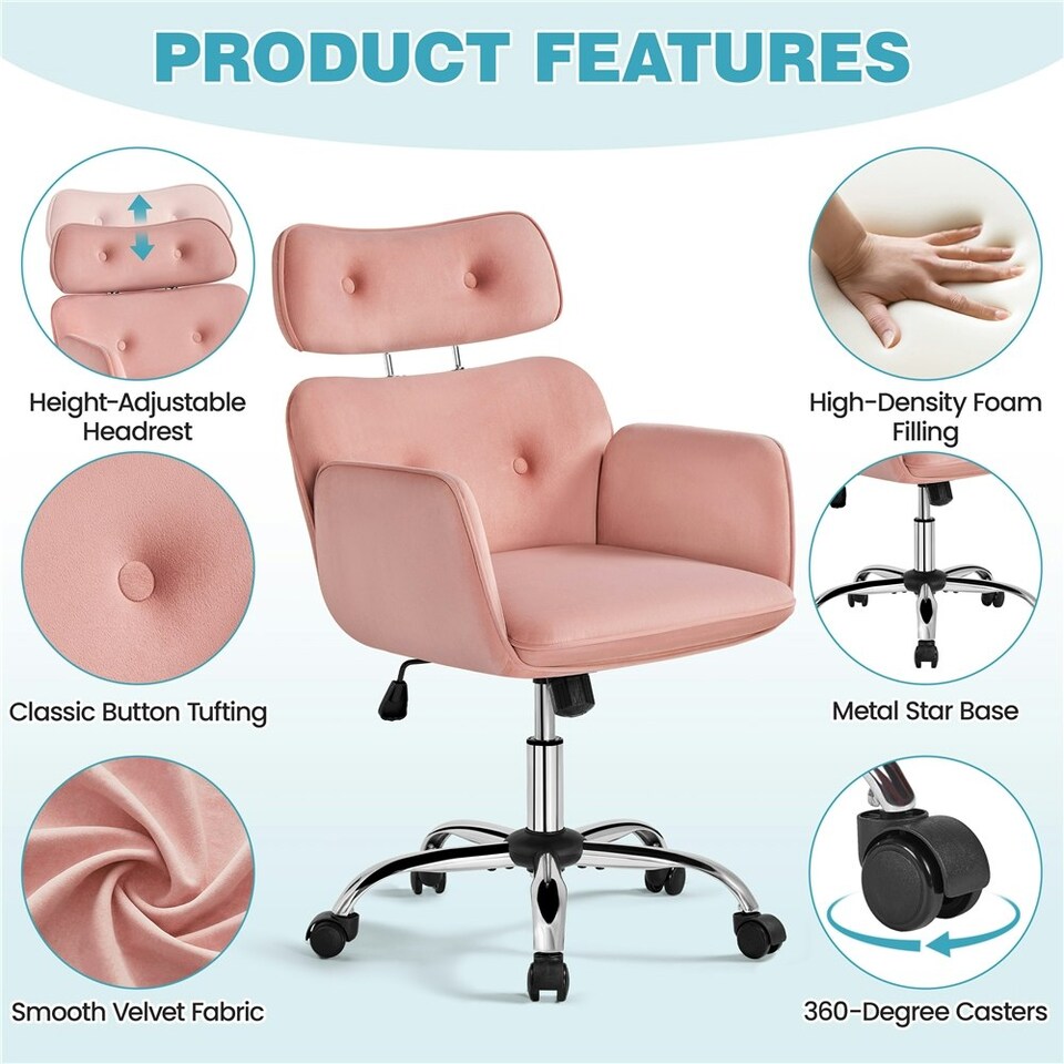 image 1 of Yaheetech Rolling Swivel Computer Chair with Adjustable Headrest Pink Pink