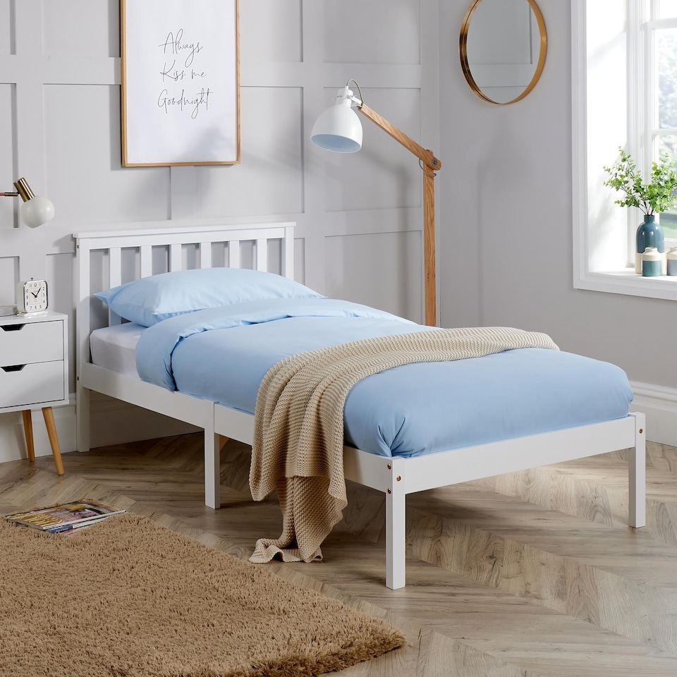 image 1 of Single Pine Solid Wood Bed 3ft White Low End Slatted Base Furniture Headboard