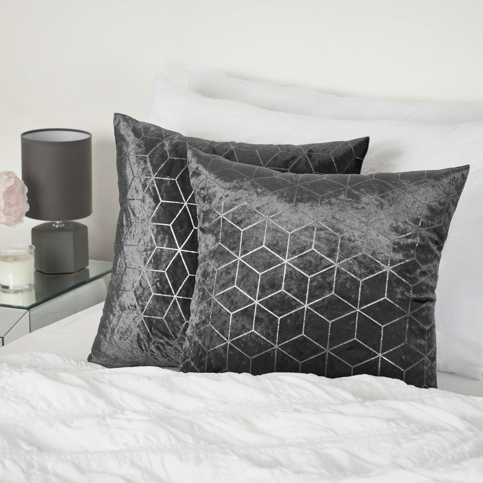 image 1 of OHS 2 x Crushed Velvet Metallic Geo Print Cushion Covers, 45x45cm - Charcoal
