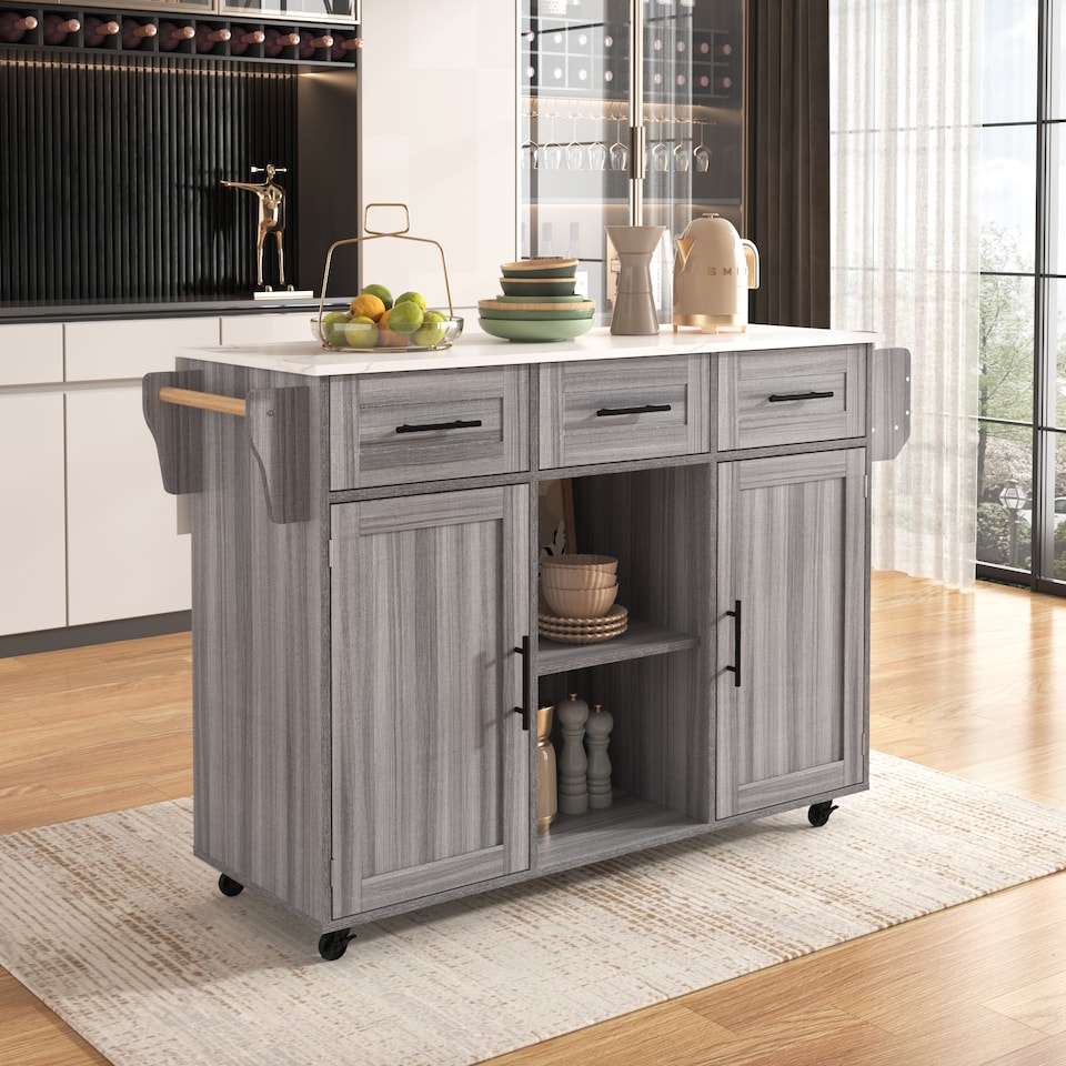 image 1 of VILUXE Mobile Kitchen Island with Foldable Marble-Effect Worktop, 3 Drawers, Adjustable Storage, Towel Holder, Wheels and Solid Wood Feet, Grey