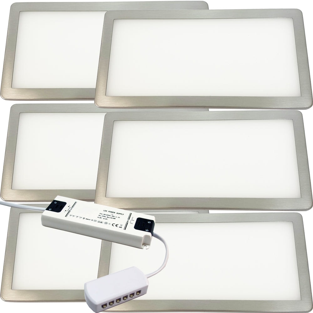 Brushed Nickel Ultra-Slim LED Under Cabinet Light Kit - 6x Natural White 5W Lights with 30W Driver