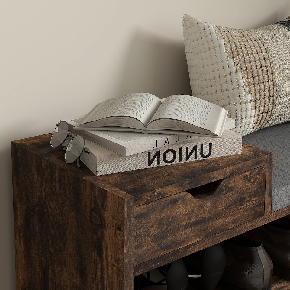 image 1 of HOMCOM Shoe Storage Bench, Shoe Rack Bench with Seating Cushion, Drawer, 3 Open Compartments and Table Top for Entryway, Hallway, Rustic Brown | Brown | Rustic Brown