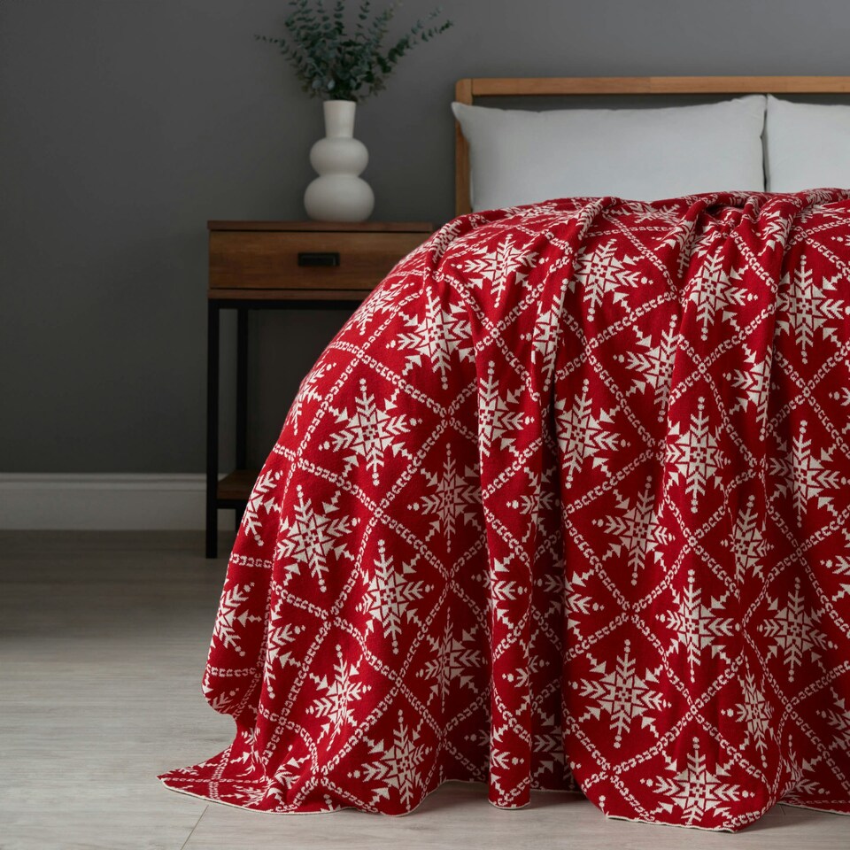 image 1 of Christmas Traditional Snow Flake Reversible Throw, Red