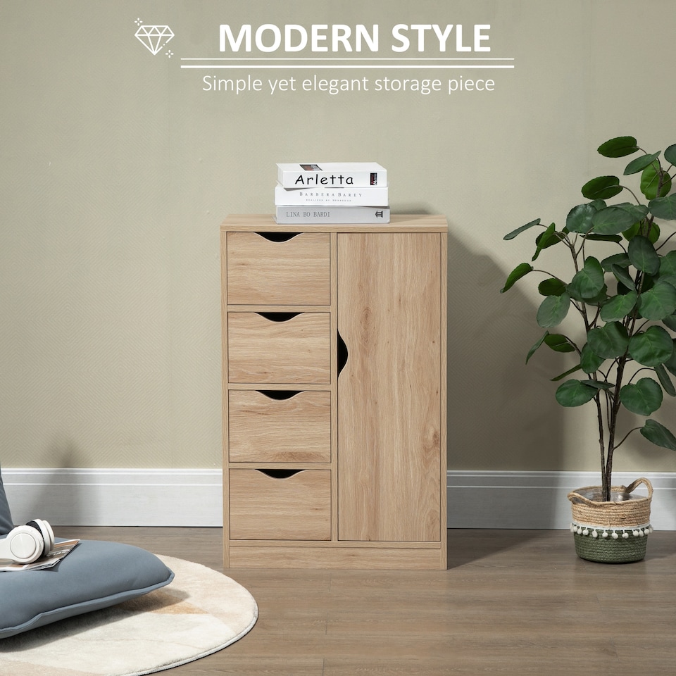 image 1 of HOMCOM Freestanding Bathroom Cabinet with 4 Drawers and Door Cupboard Natural