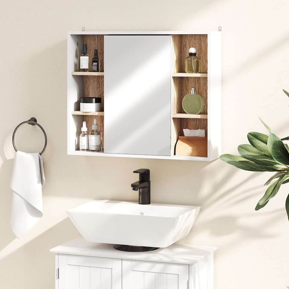 image 1 of HOMCOM Bathroom Mirror Cabinet, Wall Mounted Storage Cabinet with Open Cupboard and Adjustable Shelf, White