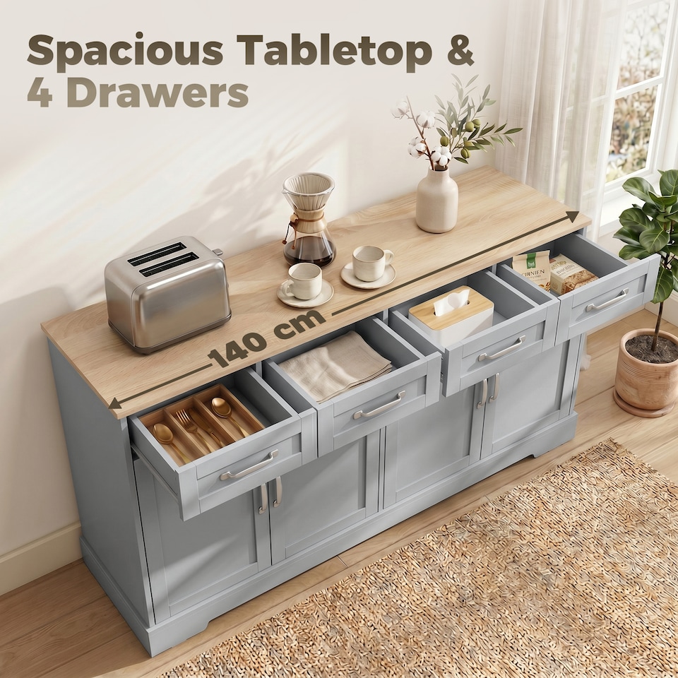 image 1 of HOMCOM Sideboard with 4 Drawers, 4 Doors and 2 Adjustable Shelves, Grey