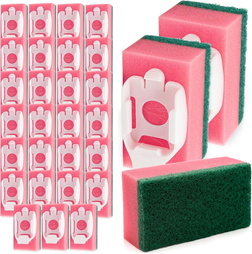 image 1 of 27pk Sponge Refill Heads for Liquid Handle Brush – Dishmop Scrubber Refills with Pink & Green Scourers, Ideal for Kitchen Cleaning & Daily Use