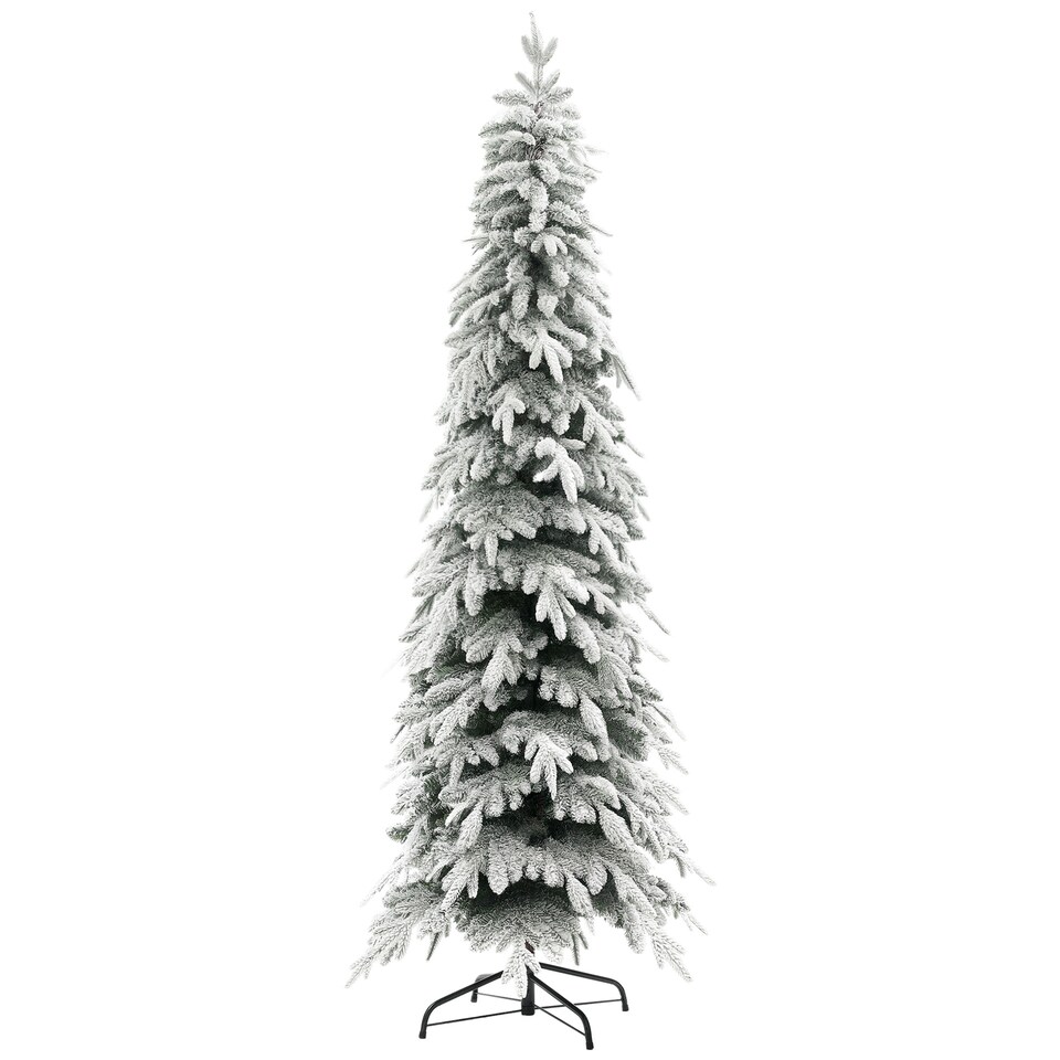 image 1 of HOMCOM 7ft Pencil Artificial Christmas Tree, Snow Flocked mas Tree with Downswept Branches and 800 Tips, Auto Open, Steel Base, Holiday Decoration for Home Office, Green