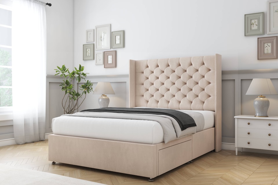 image 1 of Sloomy Dior Sand Naples Divan Bed With Mattress 2 Drawers Footend With 54" Wingback Headboard 6' Super King | Cream | Sand | Super King | 1