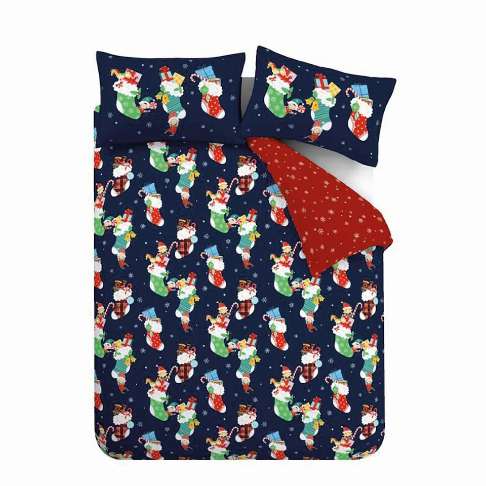 image 1 of Catherine Lansfield Christmas Elves Cotton Rich Duvet Cover Set Navy Blue Blue | Navy Blue | Toddler
