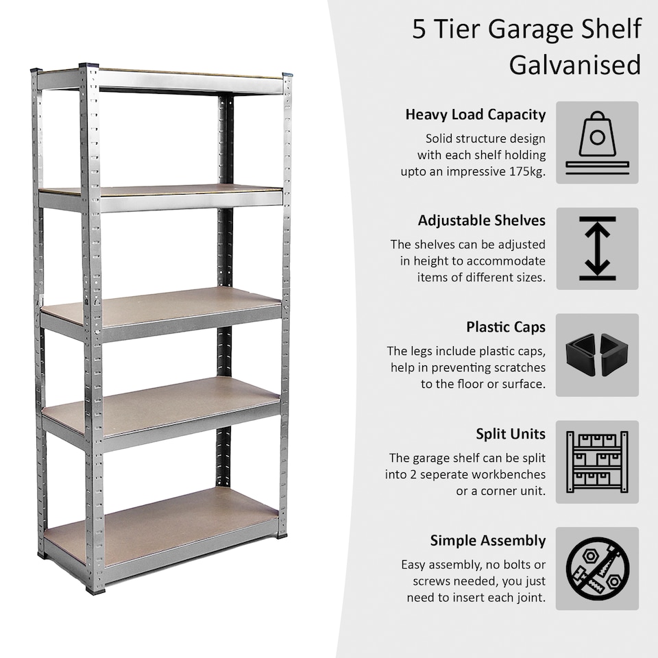 image 1 of Home Vida 5 Tier Heavy Duty Garage Shelves Adjustable Steel Shelving Storage Unit - Holds 875kg - Galvanised - 1 Bay