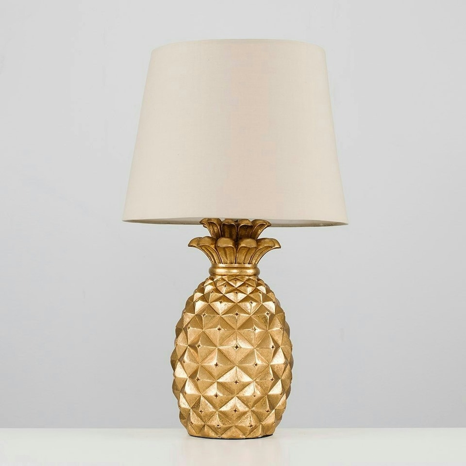 image 1 of ValueLights Pineapple Painted Gold Table Lamp with Small Cream Tapered Shade and E14 Golfball LED 4W Warm White 3000K Bulb Cream