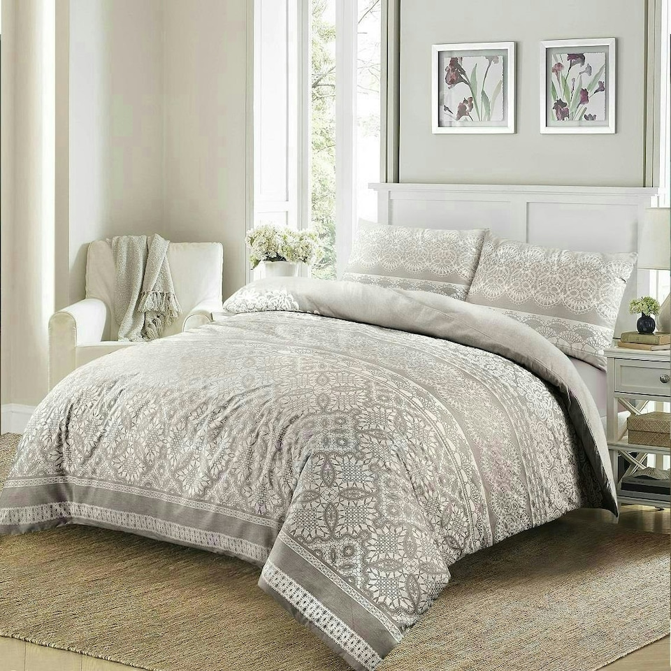 image 1 of Aaliyah Lace Effect Duvet Cover Set - Single - Silver