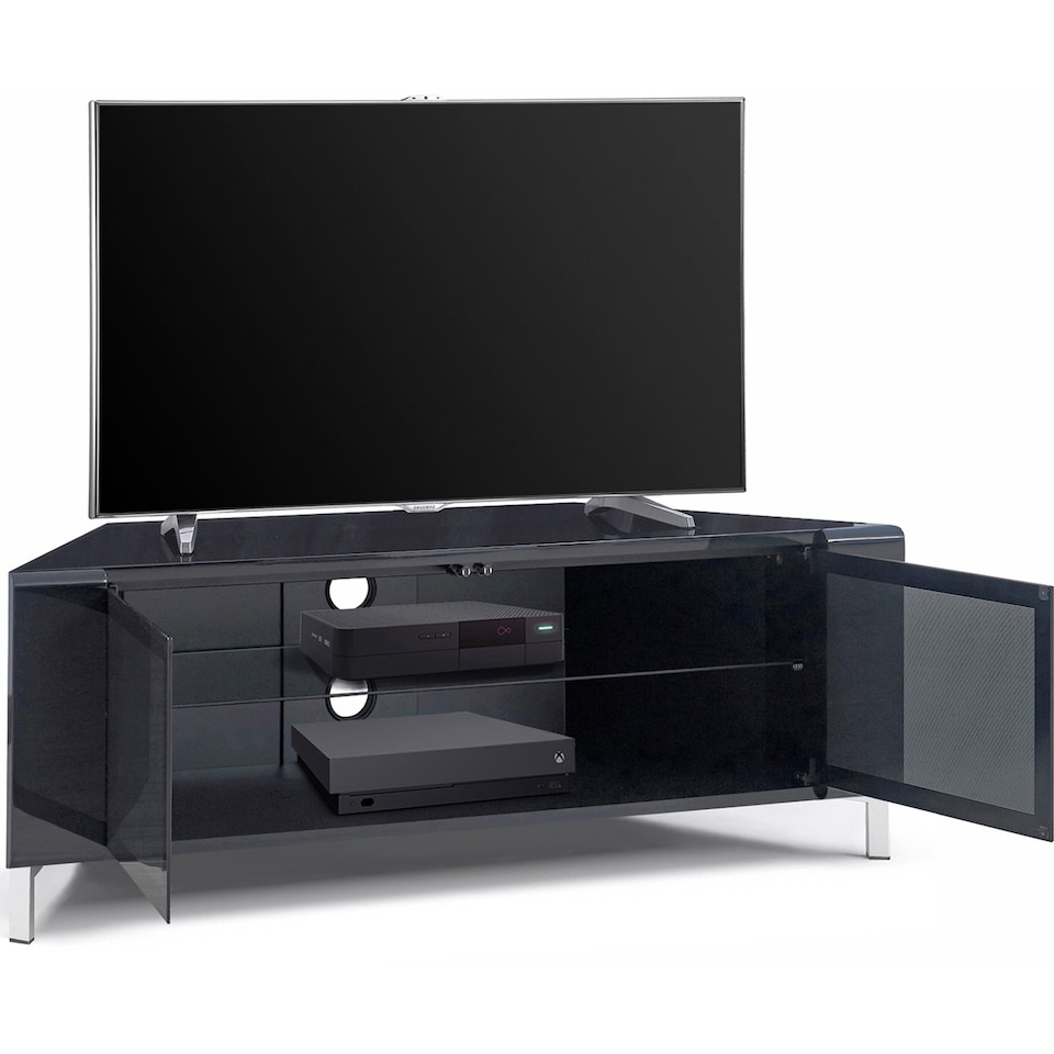 image 1 of MDA Designs CORVUS Corner-Friendly Gloss Black Contemporary Cabinet with BeamThru Glass Doors Modern Space-Saving Stand for Flat Screen TVs up to 50 Inch | Black | 1