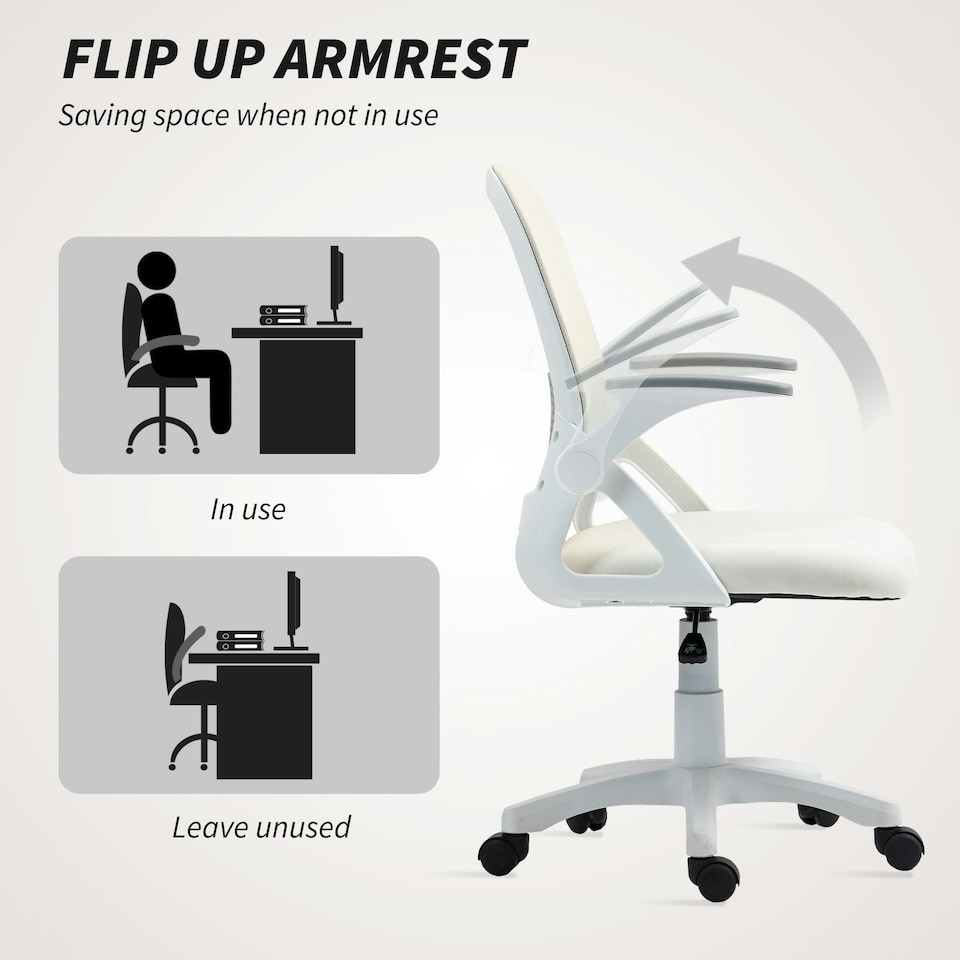image 1 of HOMCOM Ergonomic Swivel Computer Chair with Flip-up Armrests, White | White | One Size