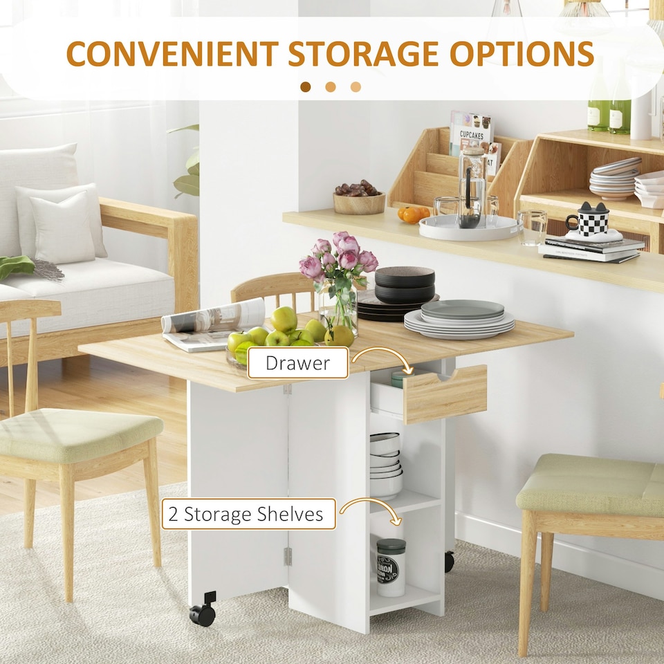 image 1 of HOMCOM Foldable Dining Table, Drop Leaf Table with Storage for Kitchen, Oak Brown