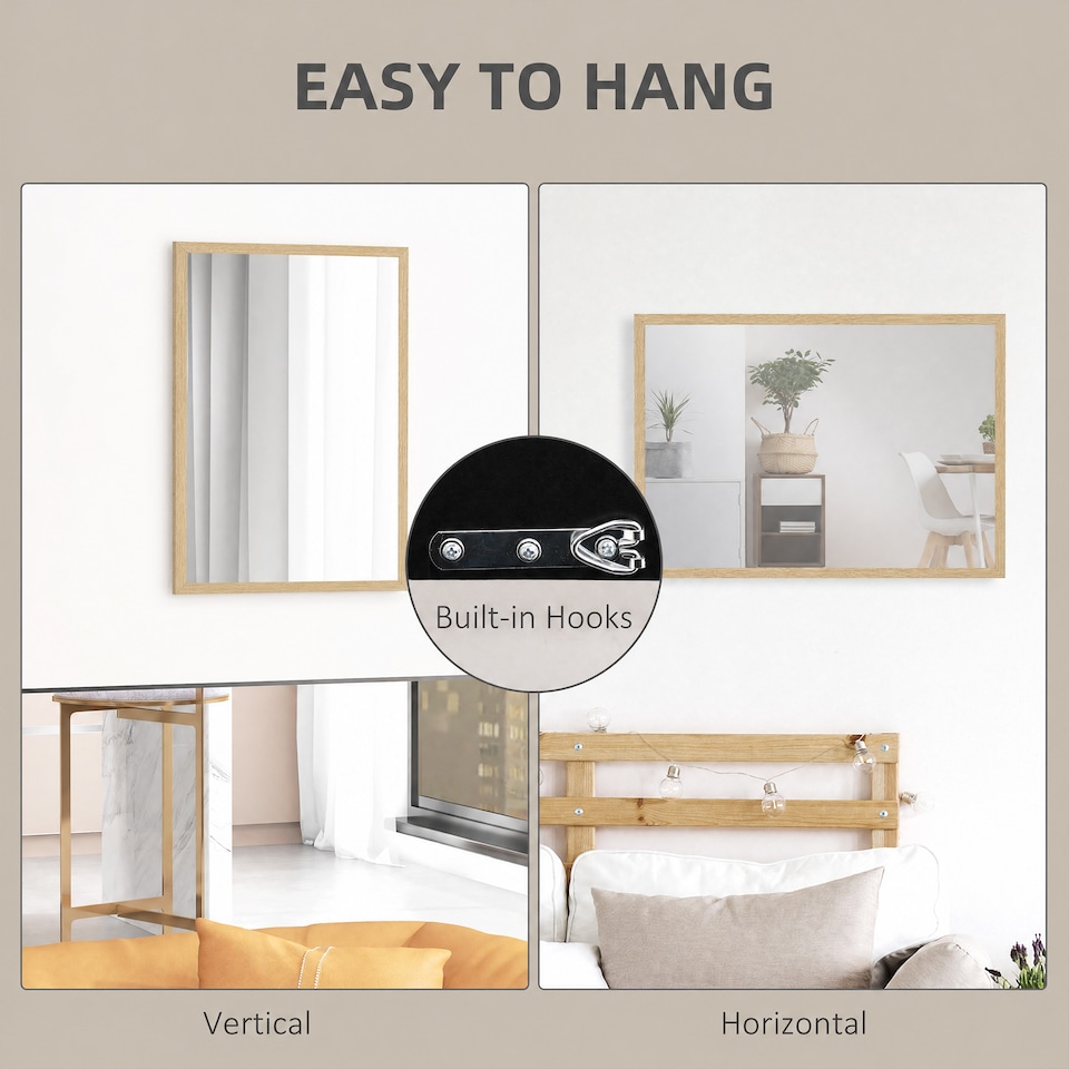image 1 of HOMCOM 70x50cm Wall Bathroom Mirror for Home Decor, Vanity Mirror | Brown | Natural wood | 50W x 70H x 2D cm