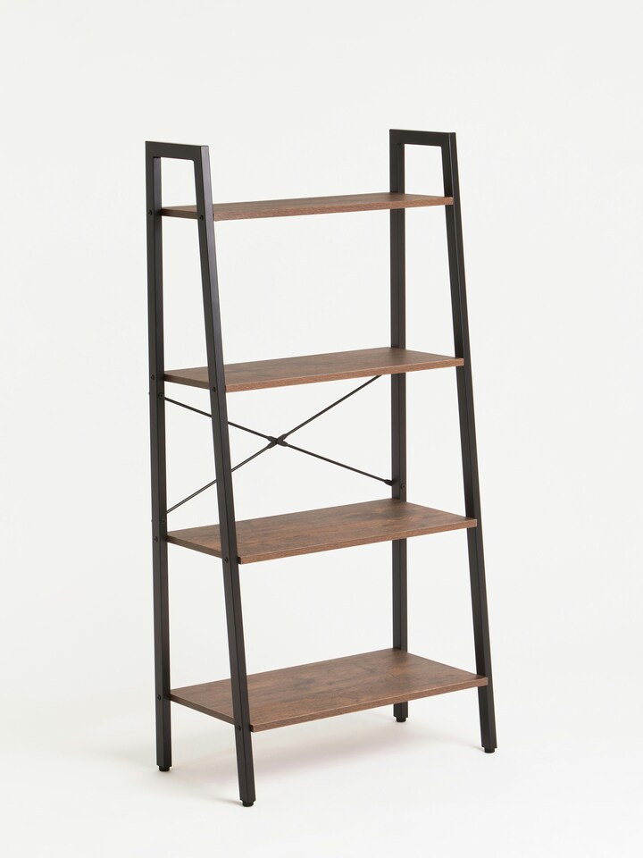image 1 of Interiors by Premier Functional Four Tier Dark Oak Veneer Ladder Shelf Unit, Stylish Industrial Narrow Shelf, Versatile Cupboard | Brown
