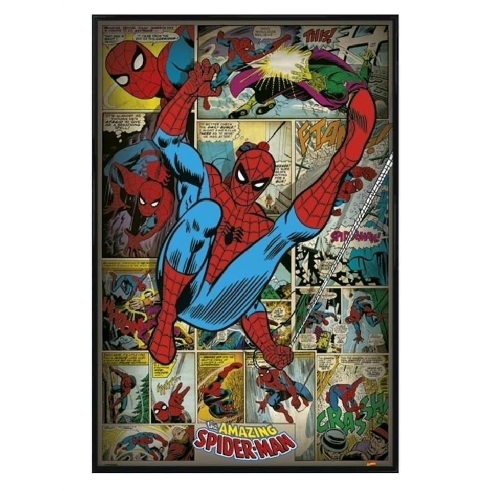 image 1 of Gloss Black Framed Retro Spiderman Compilation Maxi Poster | Multi