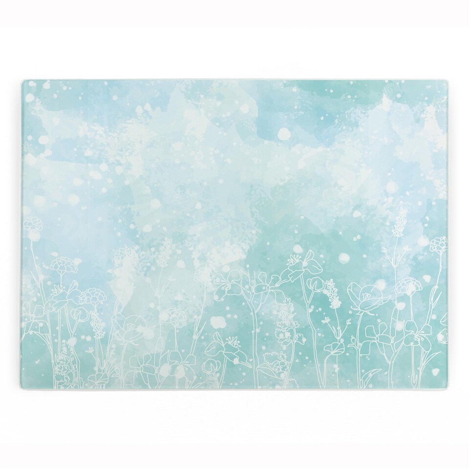 image 1 of Pastel Blue Flowers Large Smooth Glass Worktop Saver - Floral Kitchen Chopping Board