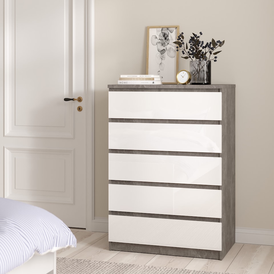 image 1 of Naia Chest of 5 Drawers in Concrete and White High Gloss