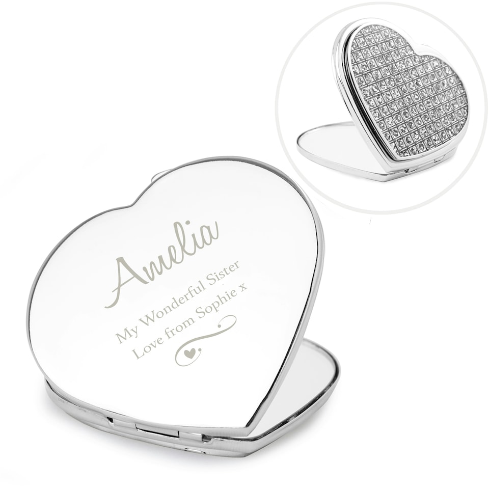 image 1 of Personalised Swirls & Hearts Diamante Heart Compact Mirror Silver