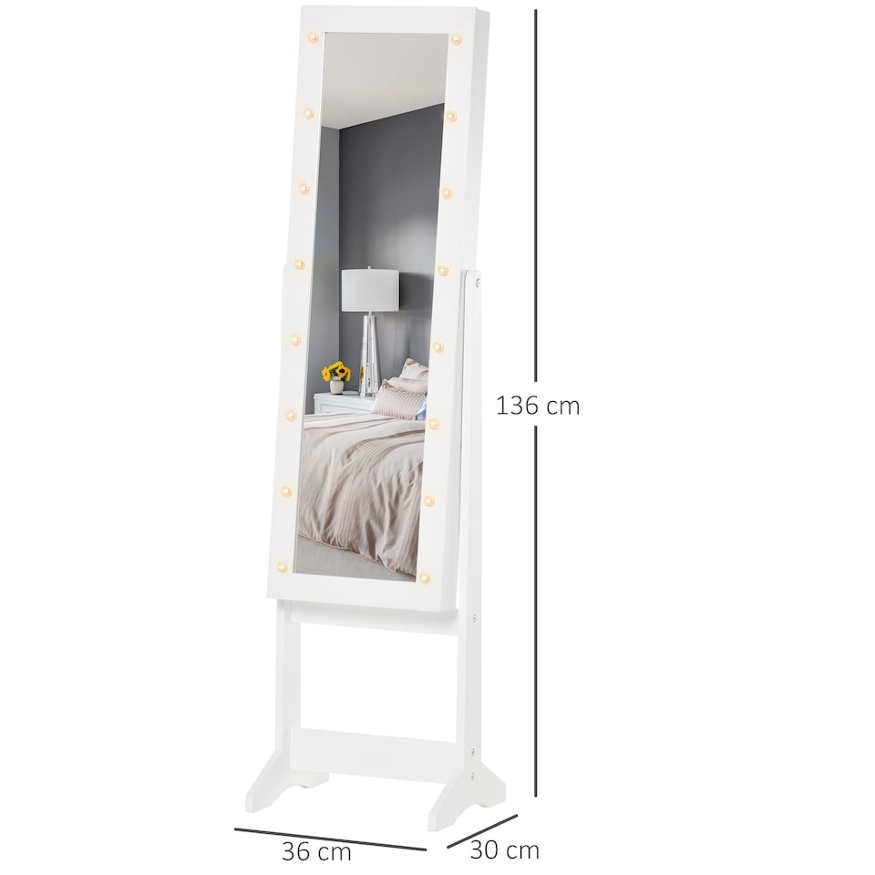 image 1 of HOMCOM Freestanding Mirror Jewelry Cabinet with LED Lights, Jewellery Organiser with 3 Angle Adjustable, Full-Length Mirror with Storage for Earrings, Necklaces, Rings and Lipsticks, Warm White