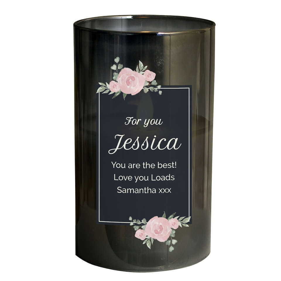 image 1 of Personalised Floral Smoked Glass LED Candle White