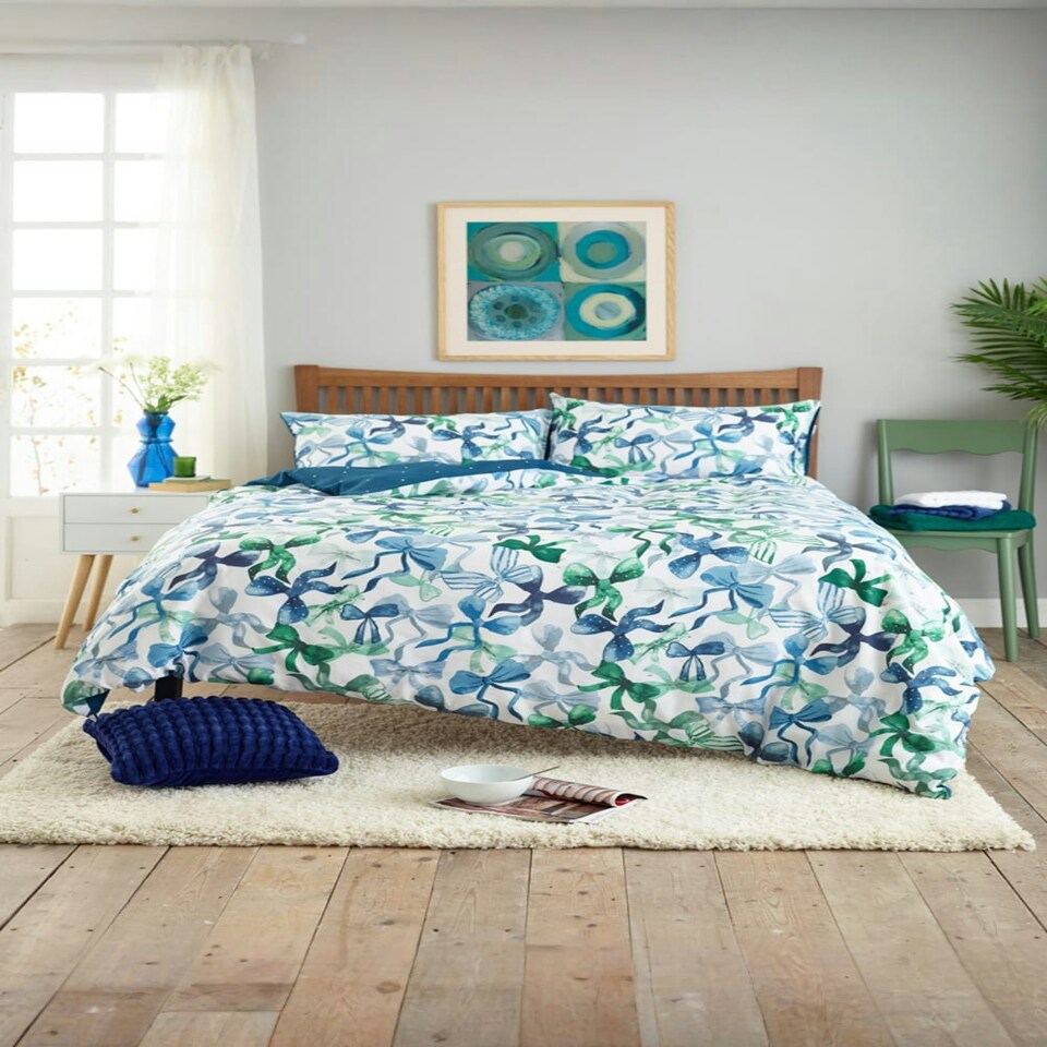 image 1 of Bows Design Cotton Rich Duvet Cover Set – 200 Thread Count Soft & Breathable Bedding | Blue | Double