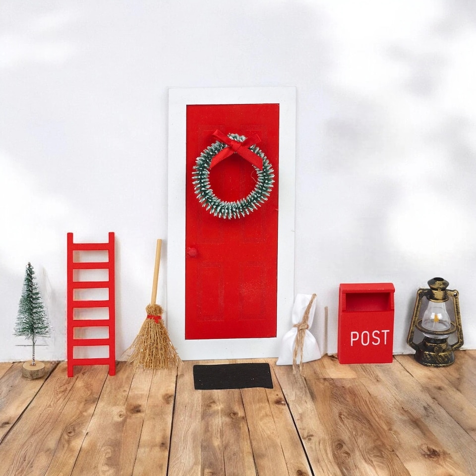 image 1 of 9Pcs Miniature Wooden Elf Christmas Village Scene Red & White Door Decoration | Multi | Multicoloured | Lamp Post
