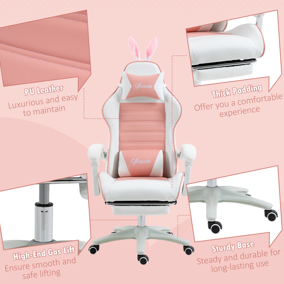 image 1 of Vinsetto Racing Gaming Chair, Reclining PU Leather Computer Chair with Removable Rabbit Ears, Footrest, Headrest and Lumber Support, Pink