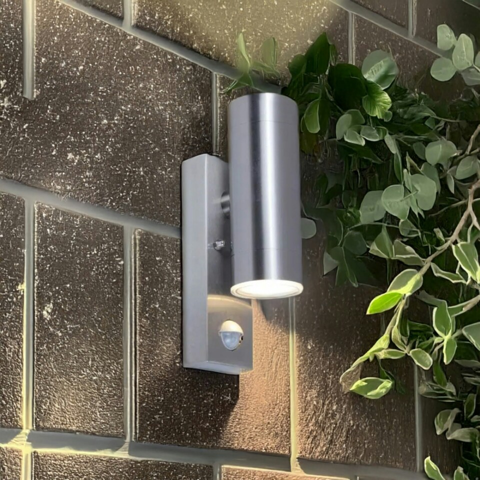image 1 of Rado - Stainless Steel IP44 Outdoor Motion Sensor Up Down GU10 Wall Light Silver | Clear
