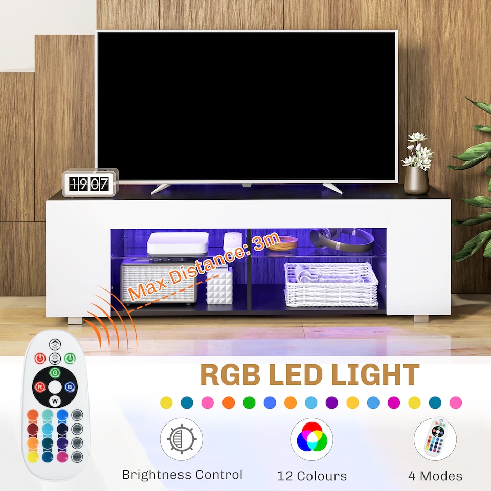 image 1 of HOMCOM TV Stand Cabinet, 145cm Modern TV Unit with Glass Shelves, RGB LED Light for Living Room, Entertainment Unit for 32 40 43 50 52 55 60 inch 4k TV, White