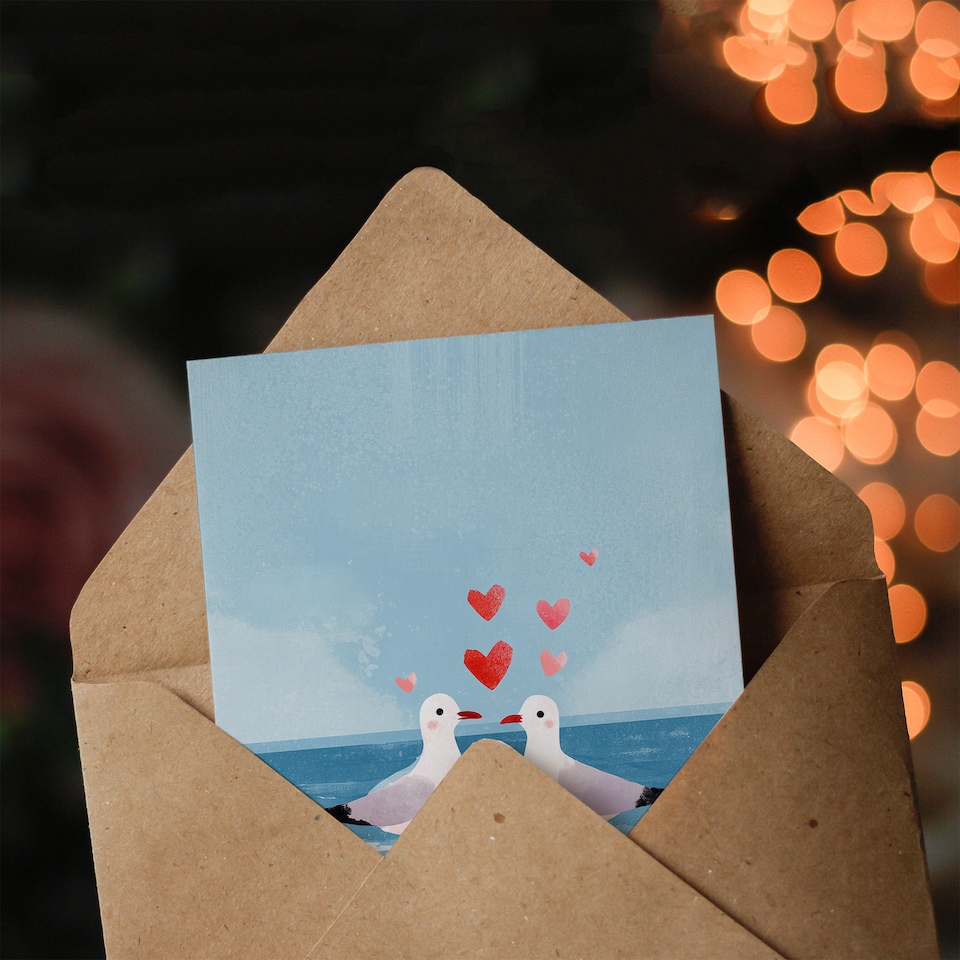 image 1 of Seabird Sweethearts Seagulls on Sandy Beach Valentine's Day Card
