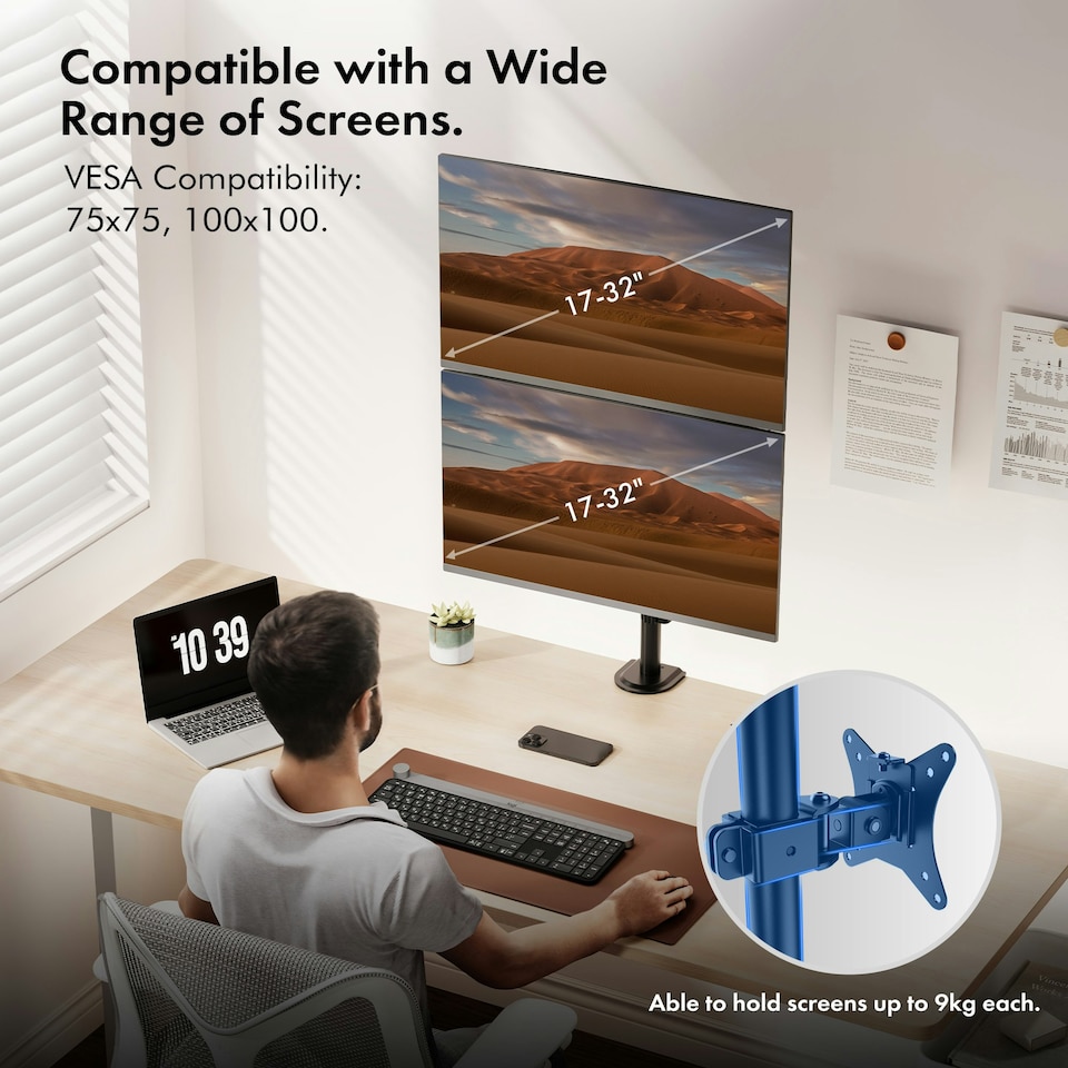 image 1 of VonHaus Adjustable Vertical Dual Monitor Stand for 13-32" Screens