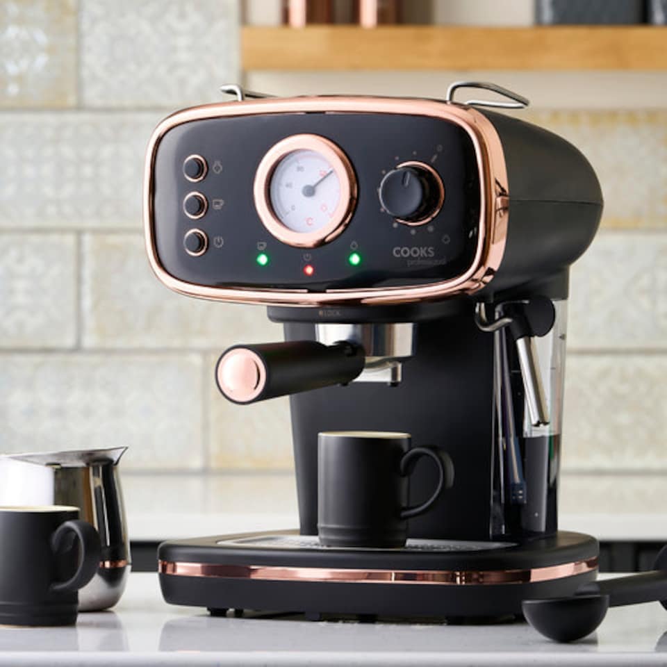 image 1 of Cooks Professional 15-Bar Retro Espresso Coffee Machine 1.2L with Frothing Steam Wand | Black | Black & Copper