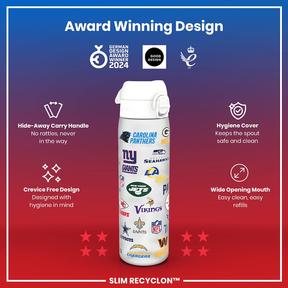 image 1 of Leak Proof Slim Water Bottle, BPA Free, NFL, 500ml (18oz) | White | NFL Multi Teams | One Size