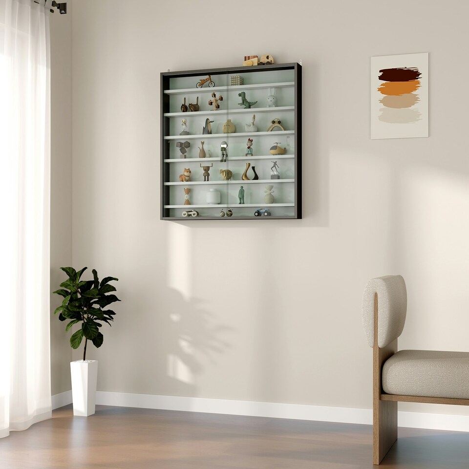 image 1 of HOMCOM Wall Display Cabinet w/ Shelves Glass Doors Black