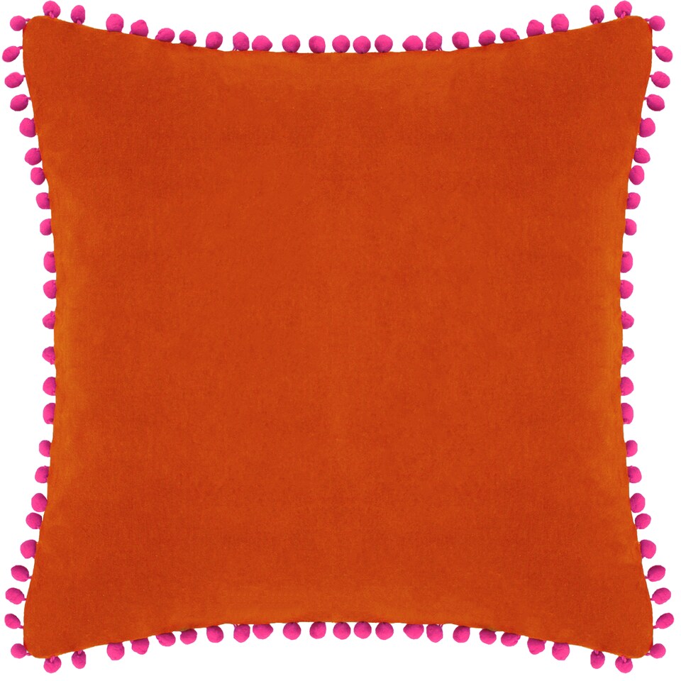 image 1 of Paoletti Velvet Pom Pom Cushion, Orange/Fuchsia, 45 x 45cm