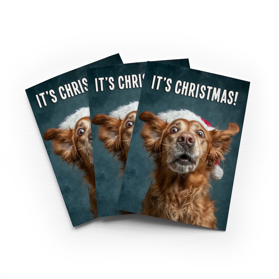 image 1 of Golden Retriever Christmas Card Santa Hat Funny Set of 3 Greeting Cards Blank